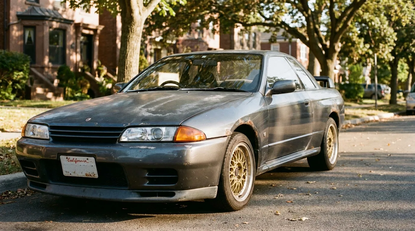 A weathered Nissan Skyline R32 GT-R parked on a US suburban street