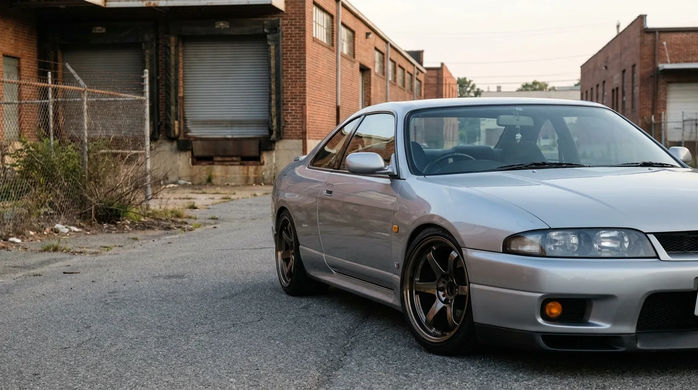 A silver Nissan Skyline R33 parked on an industrial US street