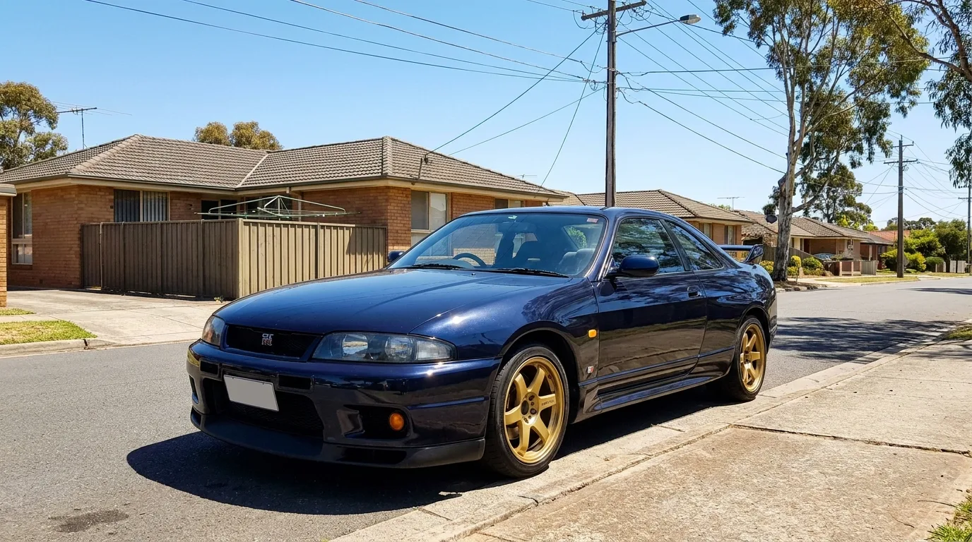 A midnight-blue Nissan Skyline R33 GT-R parked on an everyday Australian suburban street