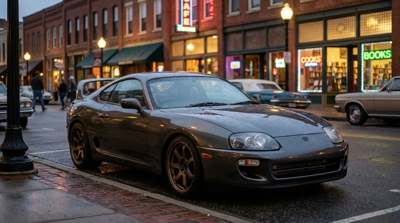 A modified Toyota Supra A80 parked on a US downtown street at dusk