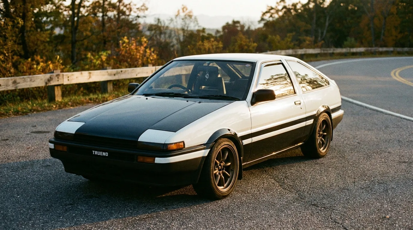 A black-and-white Toyota AE86 Trueno parked on a quiet US street