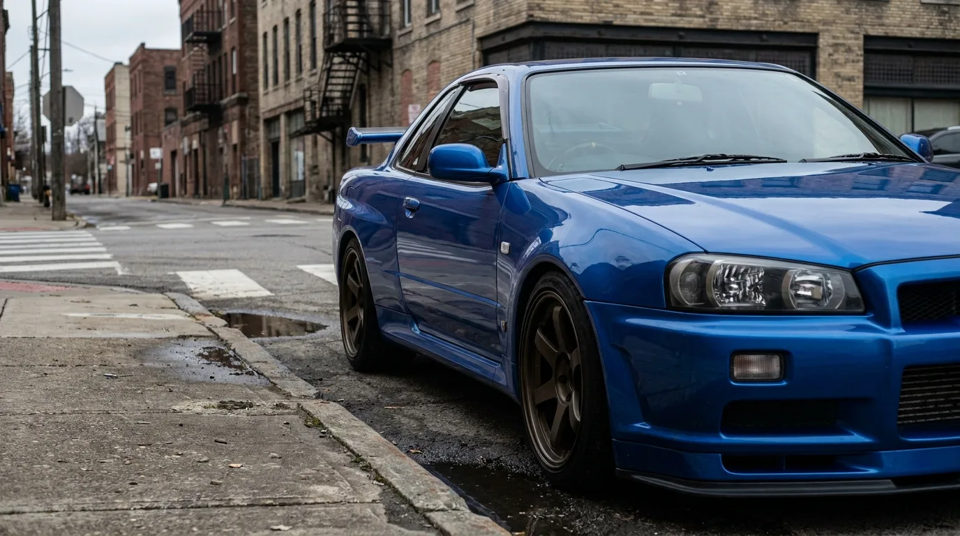 A modified Nissan Skyline R34 GT-R parked on a downtown US street