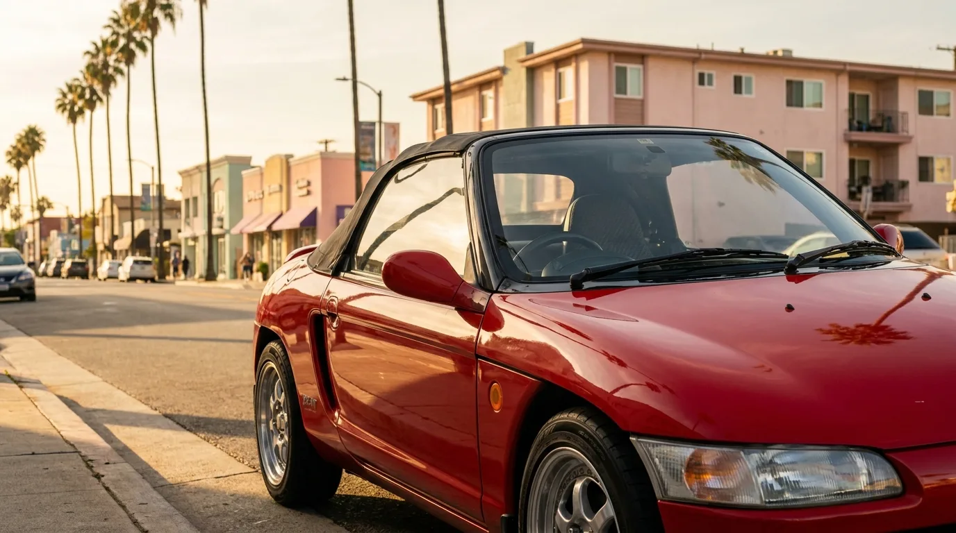 A red Honda Beat parked on a palm-lined Los Angeles street