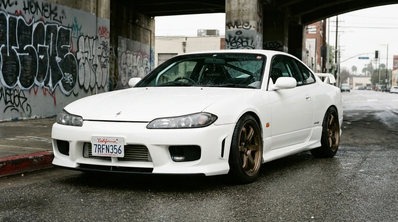 A drift-spec Nissan Silvia S15 parked on a US urban street with US plates
